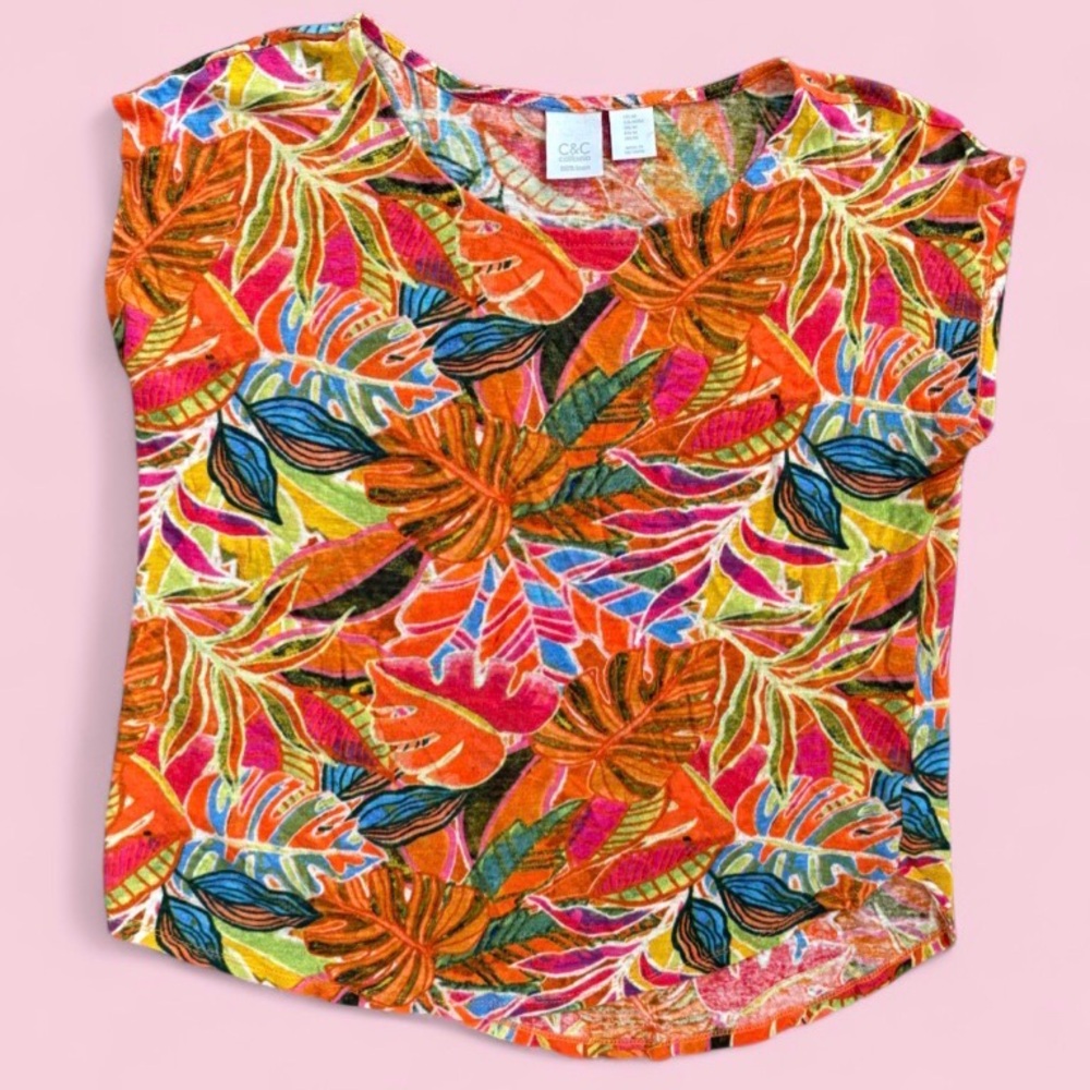 C&C California 100% Linen Tropical Print Boxy Top Size M